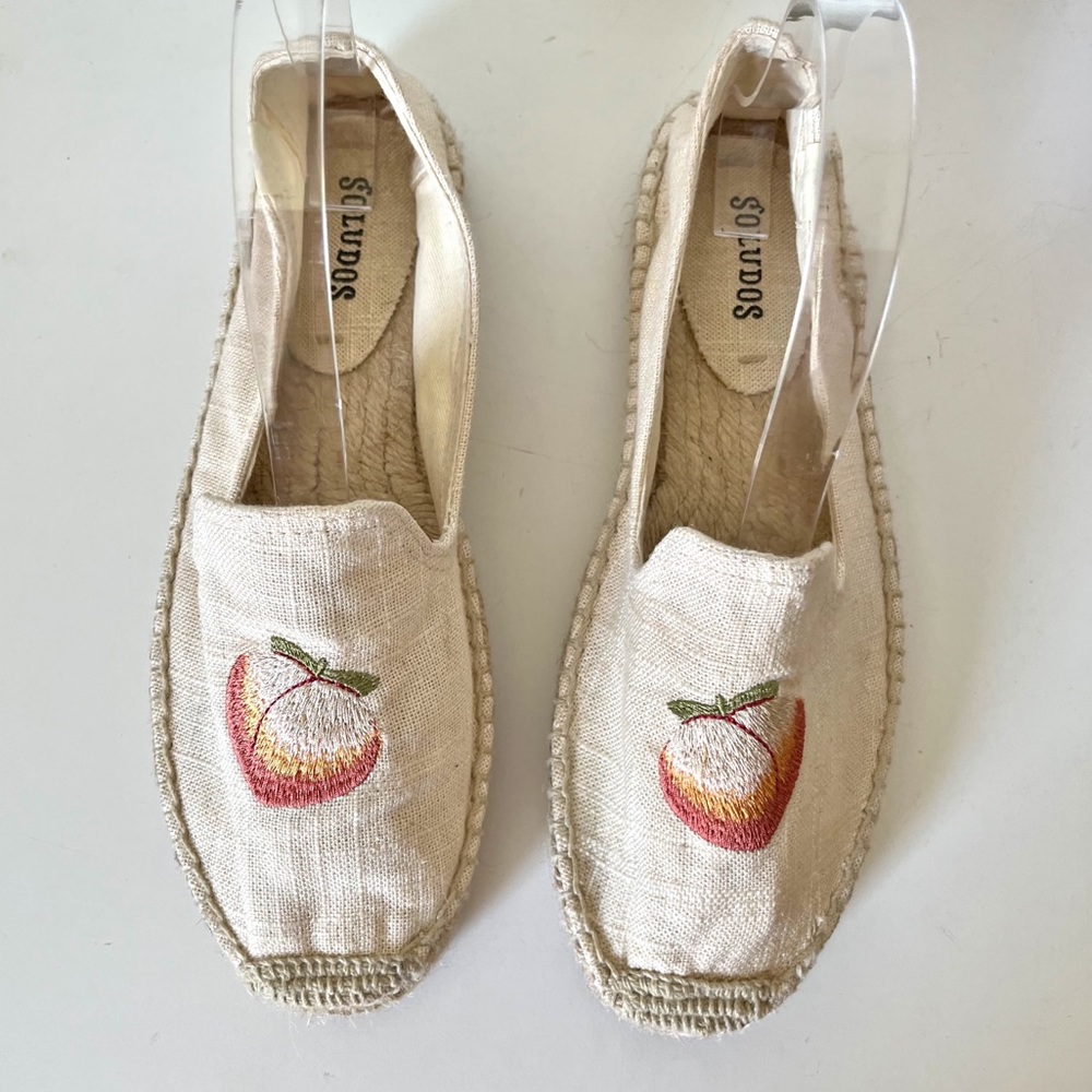 Soludos Peach Embroidered Cream Canvas Espadrilles Slip On Shoes Size 8